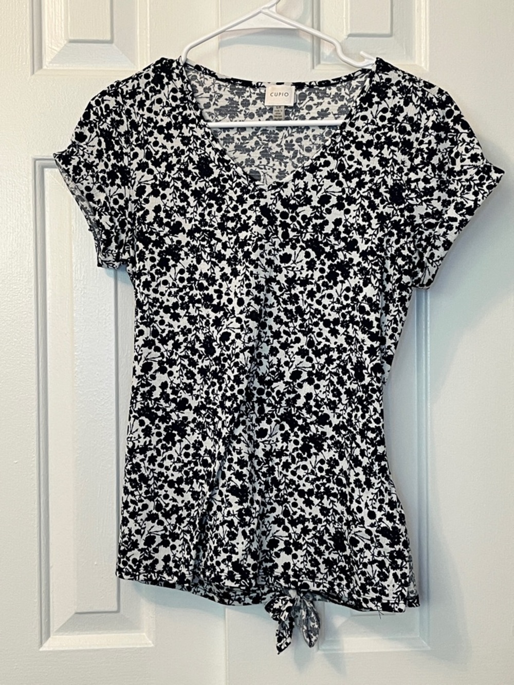 Cupio Navy Blue Floral Print Short Sleeve Tie Front Top Size SP